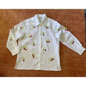 White Button Down Embroidered Cherry Fruit Beaded Long Sleeve Shirt Shacket